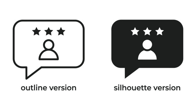 Customer Feedback Icons: Two stylized speech bubbles with star ratings and user icons represent customer feedback, presented in both outline and silhouette styles for versatile application.