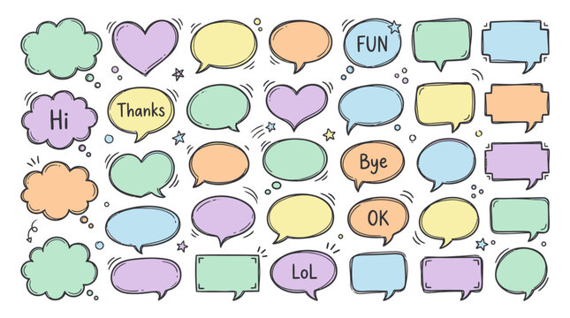 Colorful pastel speech bubbles with social media text and icons.