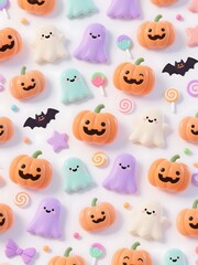 Obraz premium Cute 3D Halloween Pumpkin and Ghost Seamless Pattern Background with Kawaii Candy Style