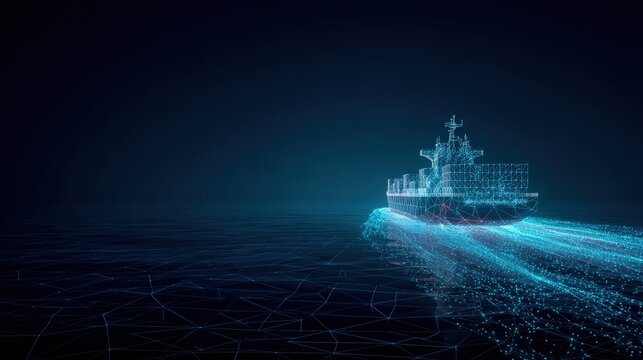 Digital cargo ship navigating a digital sea, represented by glowing blue particles and lines. ..Created with Generative AI, not depicting real subjects.