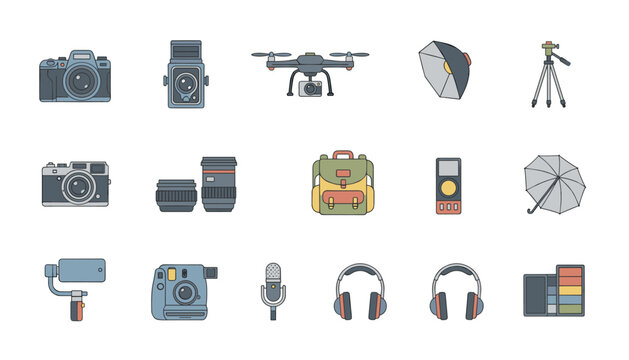 Photography equipment and camera gear set with professional cameras drone lenses tripod studio light microphone and headphones.