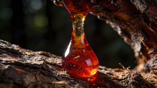 A high resolution macro photograph of golden amber tree resin dripping onto textured pine bark ideal for forestry research, nature conservation, biology articles and organic background art.