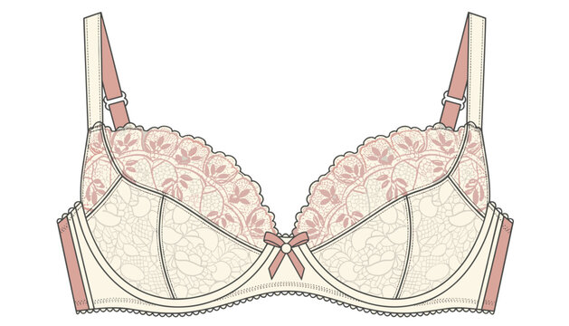 Elegant women lacy bra design in cream and pink color with delicate floral lace patterns and thin straps on white.