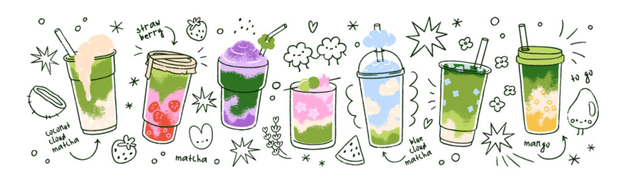 Matcha drinks set. Asian Japanese beverages from green powder, whipped cream, fruit flavors. Cute doodle cold cocktails in mugs, glasses, cups. Flat vector illustrations isolated on white background