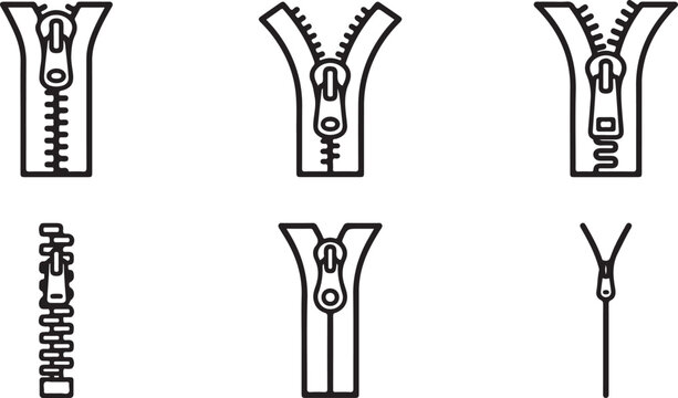 Various styles of zippers in black and white vector illustration Vector