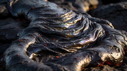 Obraz premium A high resolution macro close up of smooth pahoehoe lava with rainbow reflections ideal for geology education, volcanic research, earth science media and abstract natural background design.