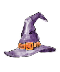 Purple watercolor witch hat on transparent background, hand drawn pointy wizard cap for kids Halloween decor, isolated spooky magic PNG illustration, kawaii style seasonal graphic element