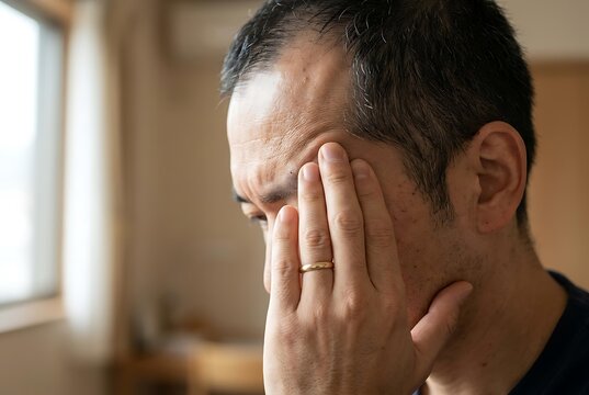 Mature Asian man suffering from a severe headache while sitting at home, middle-aged man feeling tension headache and stress, close-up of man with painful headache rubbing his temple.