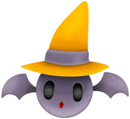 Cute purple bat wearing yellow witch hat flapping wings for Halloween party