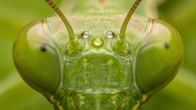 Detailed macro photograph of a green praying mantis head displaying compound eyes and dew drops. Perfect for entomology studies science education posters and macro photography showcases.
