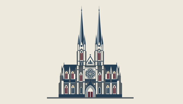 Intricate flat illustration of a grand Gothic cathedral facade with two towering spires and a rose window.