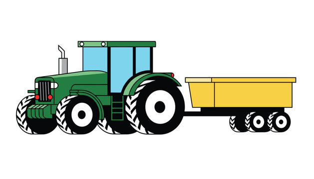 Green agricultural farm tractor pulling a yellow utility trailer isolated on a clean white background.