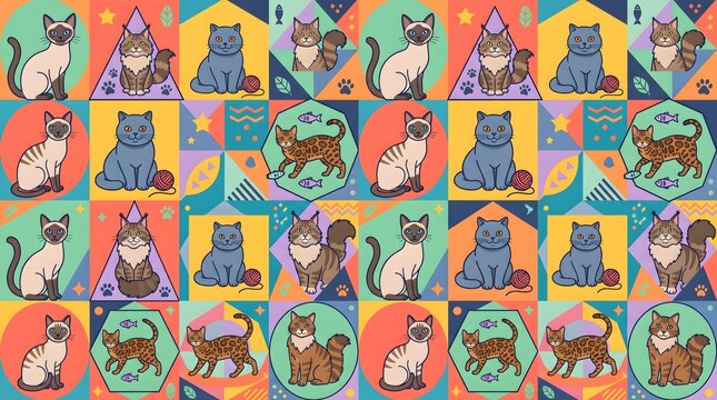 Cute cat breed seamless pattern vector background with Siamese, Persian, Maine Coon, Bengal, and Scottish Fold kitten illustrations.