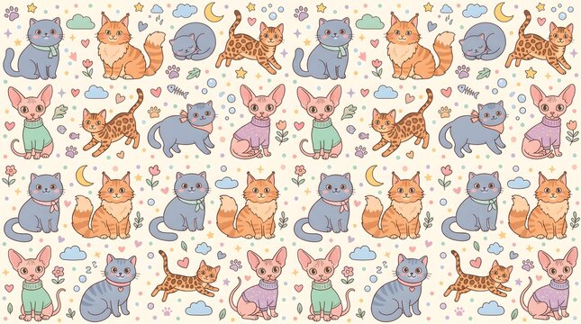 Cute cat breed seamless pattern vector background with Siamese, Persian, Maine Coon, Bengal, and Scottish Fold kitten illustrations.
