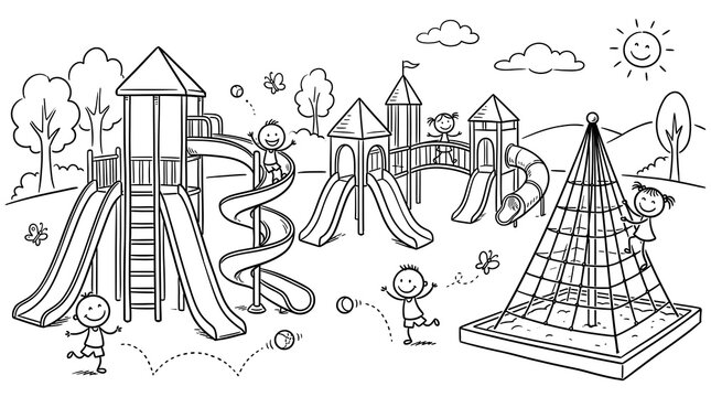 Children playing in a whimsical playground with slides and climbing structures