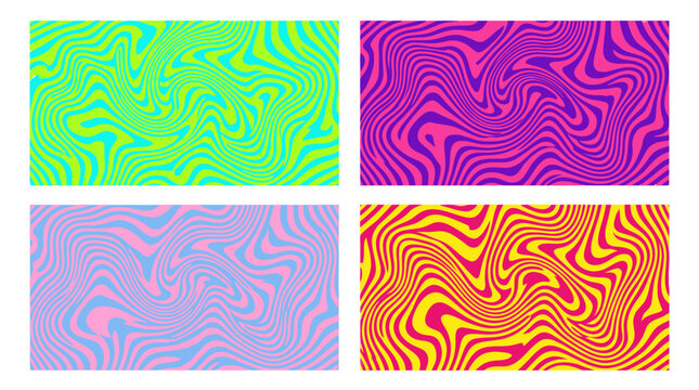 Set of four vibrant psychedelic liquid wave abstract patterns.