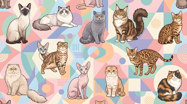 Cute cat breed seamless pattern vector background with Siamese, Persian, Maine Coon, Bengal, and Scottish Fold kitten illustrations.