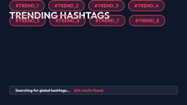 Dynamic social media interface displaying trending hashtags with animated search bar and evolving results, symbolizing digital engagement, online popularity, and content discovery