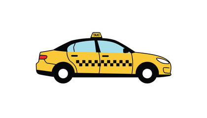 Fototapeta premium Simplified vector illustration of a yellow taxi sedan with classic checker pattern on white background.
