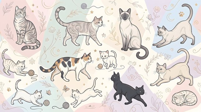 Cute cat breed seamless pattern vector background with Siamese, Persian, Maine Coon, Bengal, and Scottish Fold kitten illustrations.
