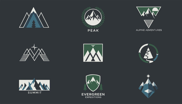 Collection of nine minimalist mountain adventure logo templates and badges in green and blue on dark background.
