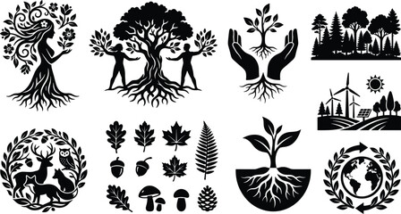Fototapeta premium Nature Conservation and Eco Friendly Tree Black Silhouette Icon Collection