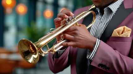 Fototapeta premium Closeup of a jazz trumpet player’s hands on brass instrument at golden hour into night for music performance and event promotion showing valves, shine and elegant stage atmosphere