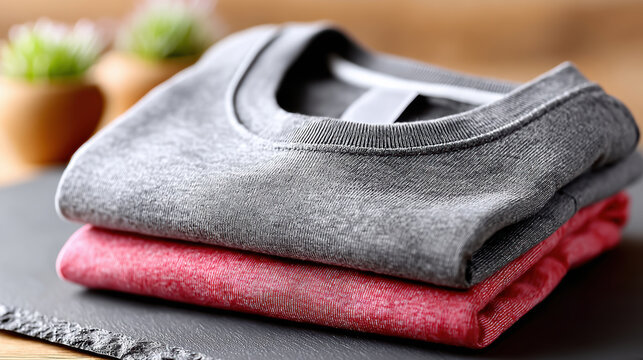 Folded gray and pink kids shirts stacked closeup for garment texture showcase, fabric detail mockup, apparel catalog imagery and small brand product photography workflow