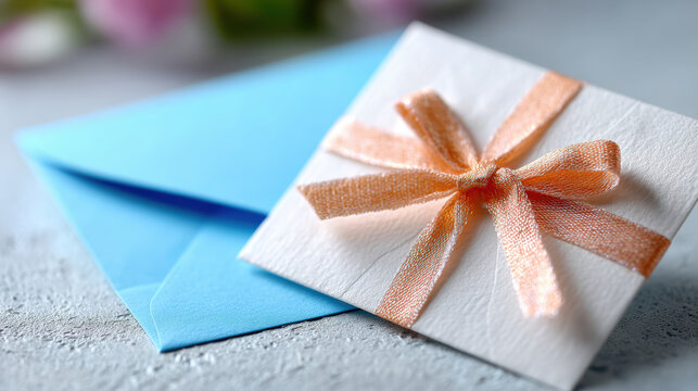Neat envelope with peach ribbon bow on blue envelope and ivory card for gift message presentation and elegant invitation layout for events and celebration scenes