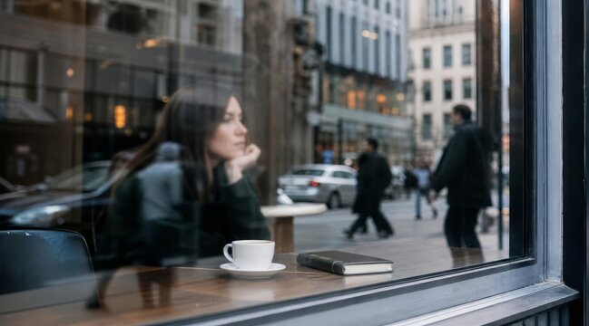 Person at coffee shop window with city reflection