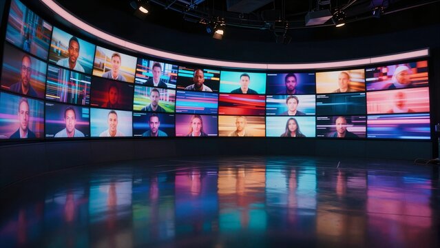 A futuristic news studio features a curved wall of screens displaying diverse virtual participants. The glossy floor reflects vibrant neon lights and colorful digital backgrounds with a shallow depth.
