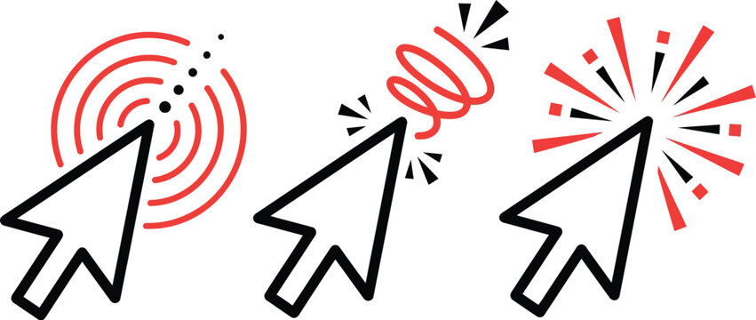 Set of black pointer arrow cursors with red and black click animation for web design.