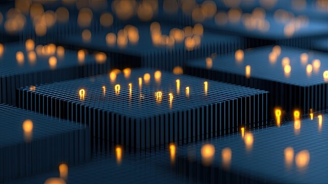 Abstract digital grid with illuminated binary code and bokeh lights