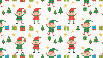Fototapeta premium Festive seamless pattern with cute christmas elves, wrapped present boxes, small pine trees, and gold stars on a light cream background.
