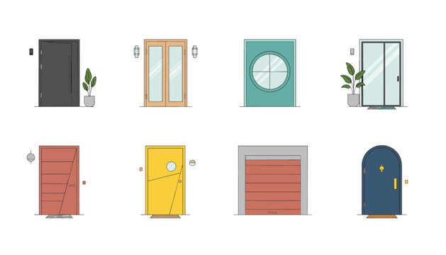 Set of eight diverse residential door designs including modern entryways, double glass doors, a garage door, and a classic arched door.