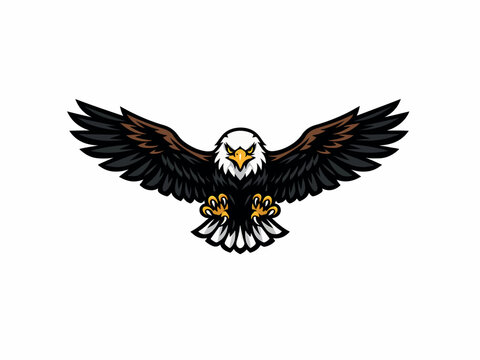 powerful flying eagle vector illustration with fully spread wings in clean flat style. Sharp feathers using smooth vector curves, bold symmetrical composition, premium editable shapes. Organized layer