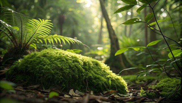 Lush green moss in a tropical rainforest. Sunlight filters through dense jungle foliage.