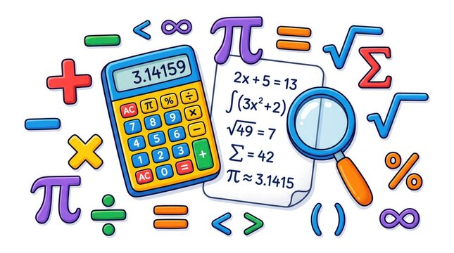 Mathematician working with calculator and mathematical symbols. Student analyzing data and solving equations.