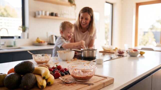 Mother and young son cooking together in a modern bright kitchen