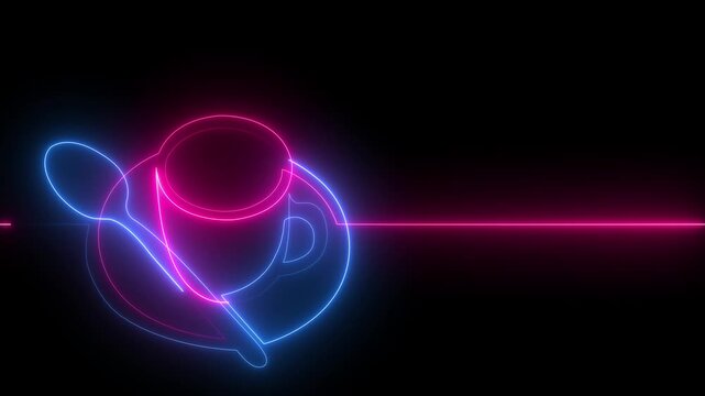 Glowing Neon Coffee Cup and Spoon Continuous Line Art Animation with Dynamic Color Changing Effect on Black Background Loop