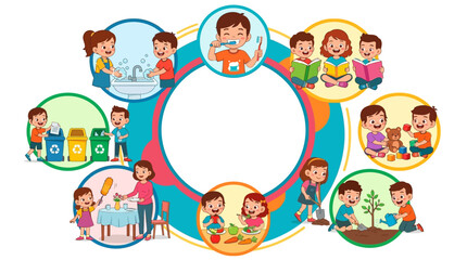 Naklejka premium Children performing daily activities including washing, reading, playing, and gardening depicted as a colorful infographic with copy space in the center for text regarding educational school.