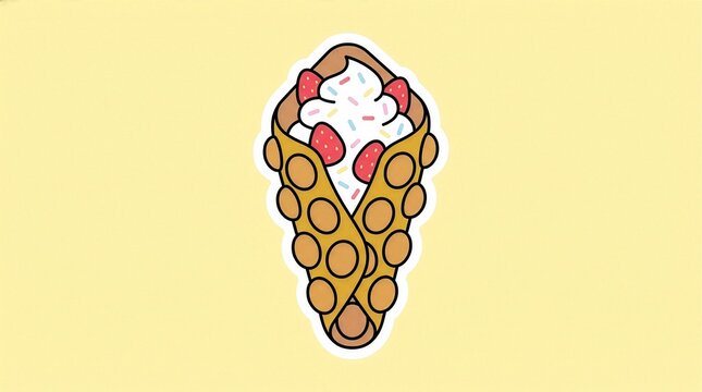 Cute Strawberry Bubble Waffle Ice Cream Cone Sticker Illustration