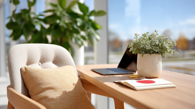 Bright minimalist office desk with laptop, notebook and potted plant by window for workspace background and home office decor