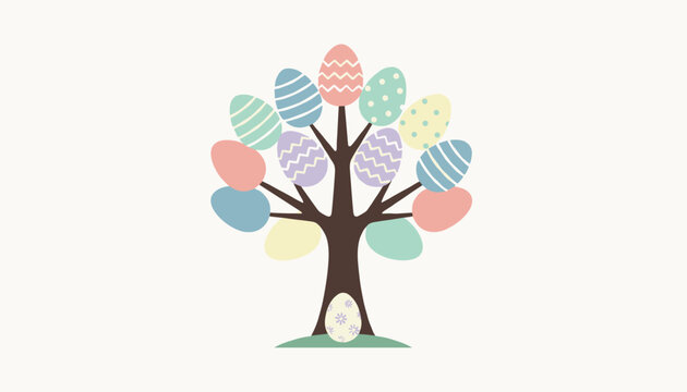 Whimsical Easter tree decorated with colorful patterned eggs in soft pastel colors over a light cream background.