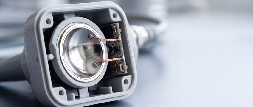 Open ultrasound transducer head detail displaying internal electronic components with copper wiring inside rectangular plastic case.