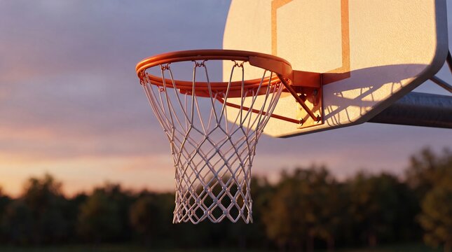 Professional Basketball Rim and Net with Scenic Golden Hour Sunset Backdrop