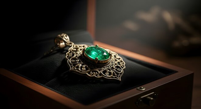 Intricate gold filigree ring with emerald gemstone on dark velvet display in soft lighting