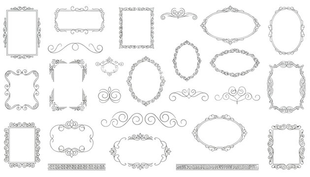 Comprehensive collection of vintage ornate frames, borders, dividers, and scrolls in a black and white sketch style.