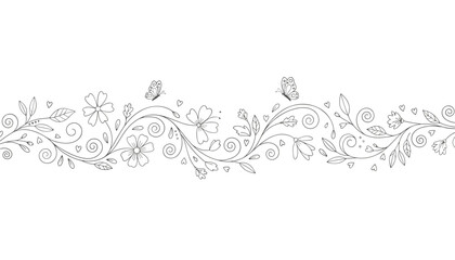 Fototapeta premium Elegant horizontal border pattern featuring delicate hand drawn floral vines, butterflies, and small hearts.