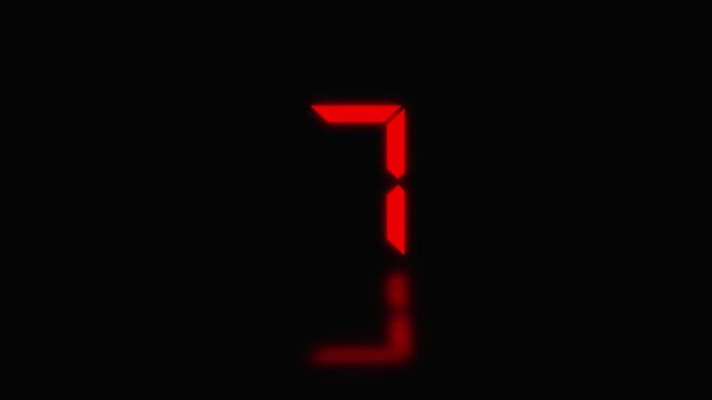 Sports shot clock countdown from 12 to 0. Glowing LED digits with afterglow. Red digital countdown timer with reflection on black background, clock numbers